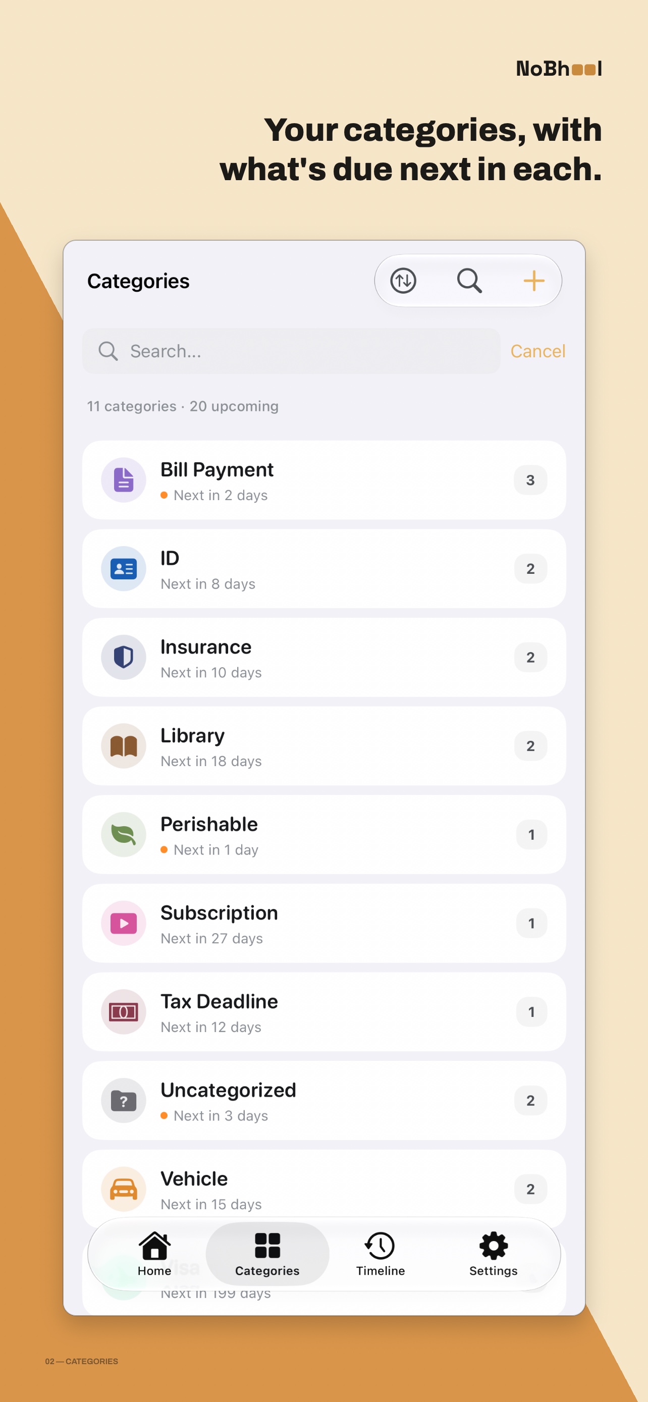Categories screen showing 11 curated categories with their own colors and icons
