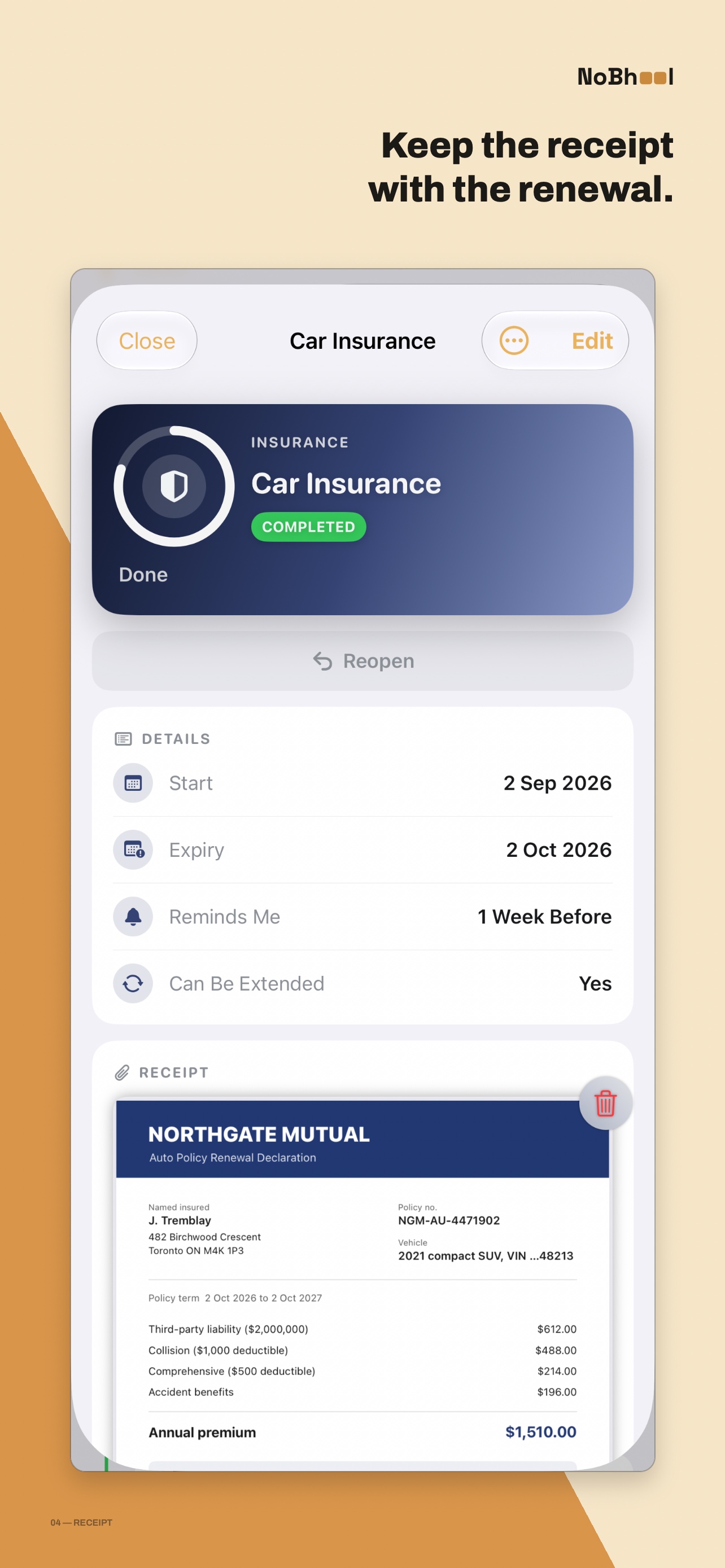Reminder detail screen showing a completed car insurance renewal with an attached receipt