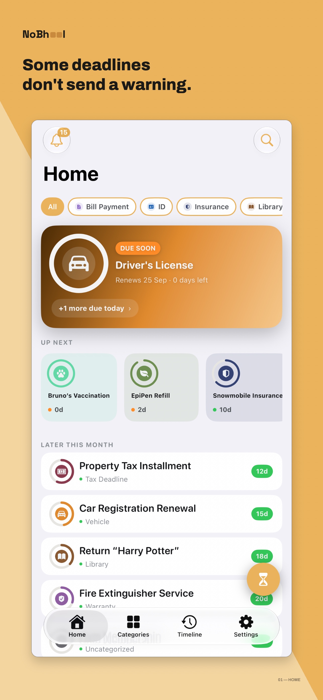 NoBhool's Home screen showing an expired passport renewal and upcoming reminders