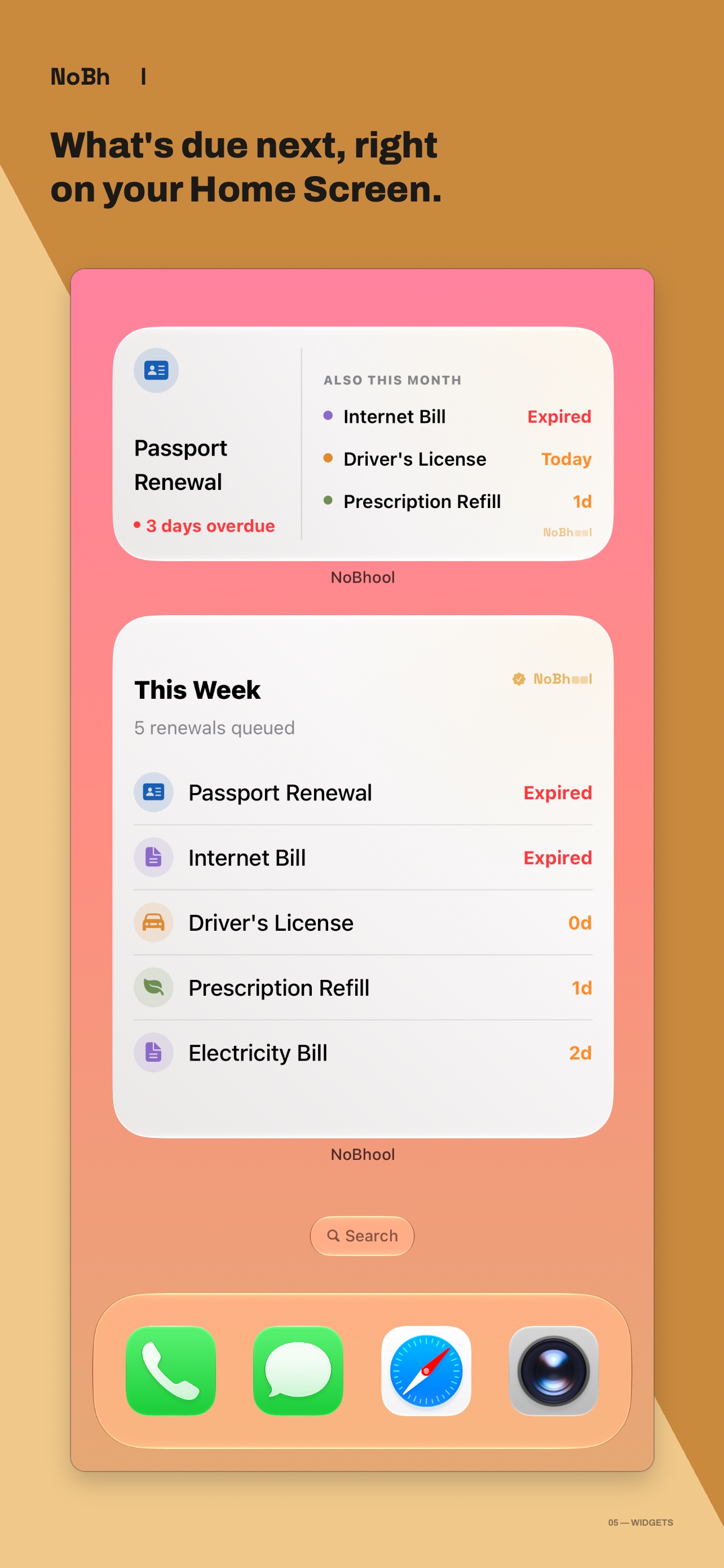 iPhone Home Screen with NoBhool's widget showing this week's renewals